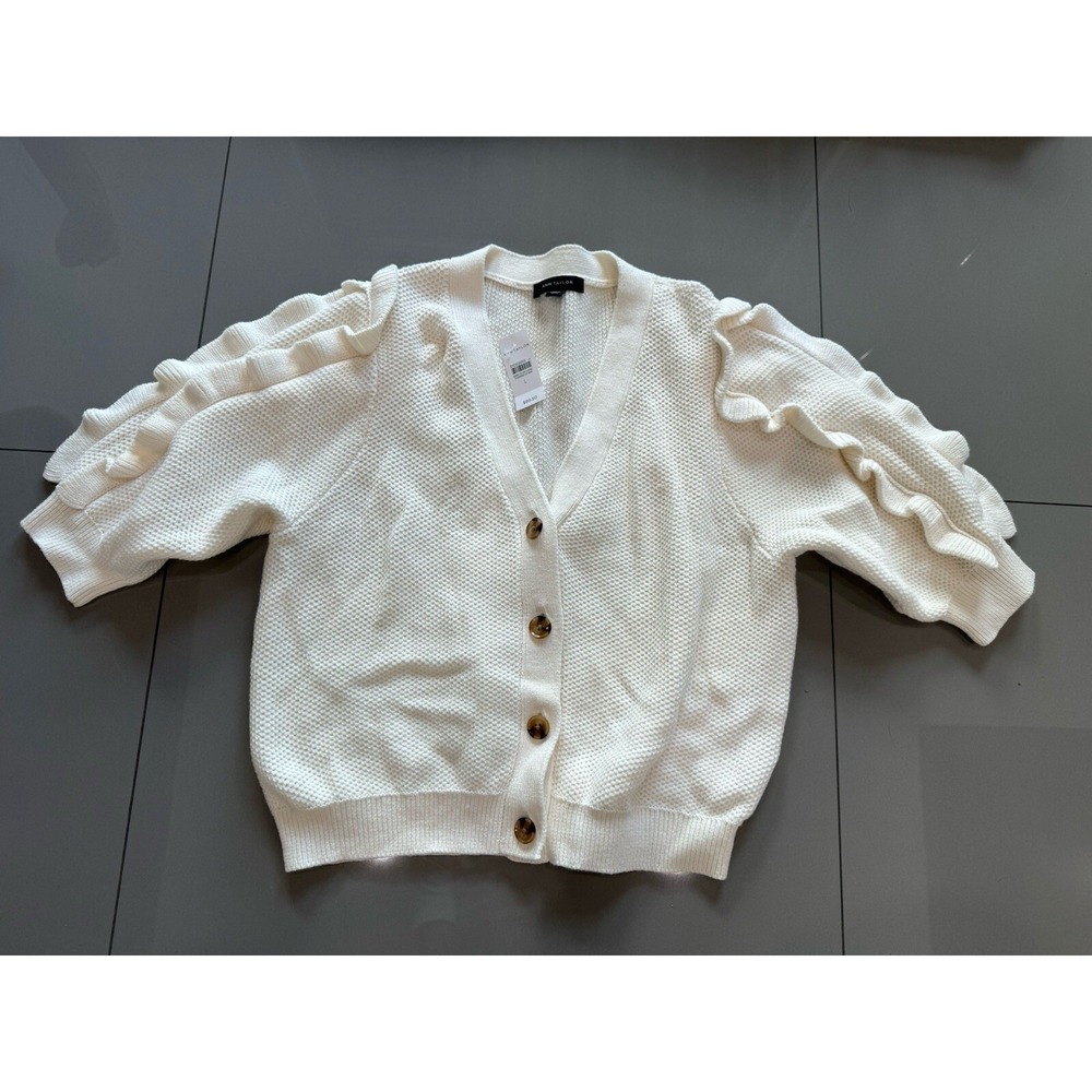 NWT Ann Taylor - Beige Ruffle v-neck cardigan sweater L $89